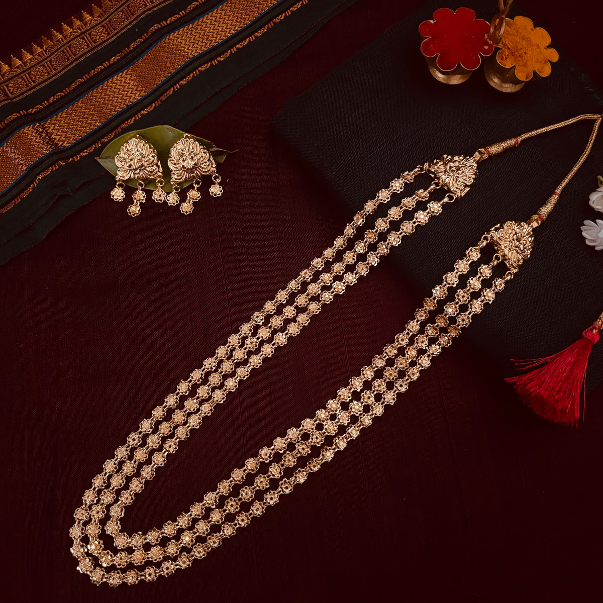 Bakuli Har & Earrings| Long Necklace Set | Sonsala | बकुळी हार + कानातले